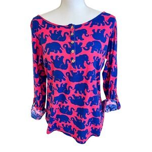 LILLY PULITZER Long Sleeve Henley Elephant Top Sz L Pink Tusk In Sun Pack Travel